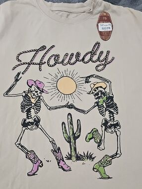 Howdy Skeleton Western Graphic Tee - Beige with Pink & Green Accents